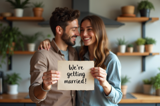 Jeune couple heureux avec annonce de mariage dans cuisine