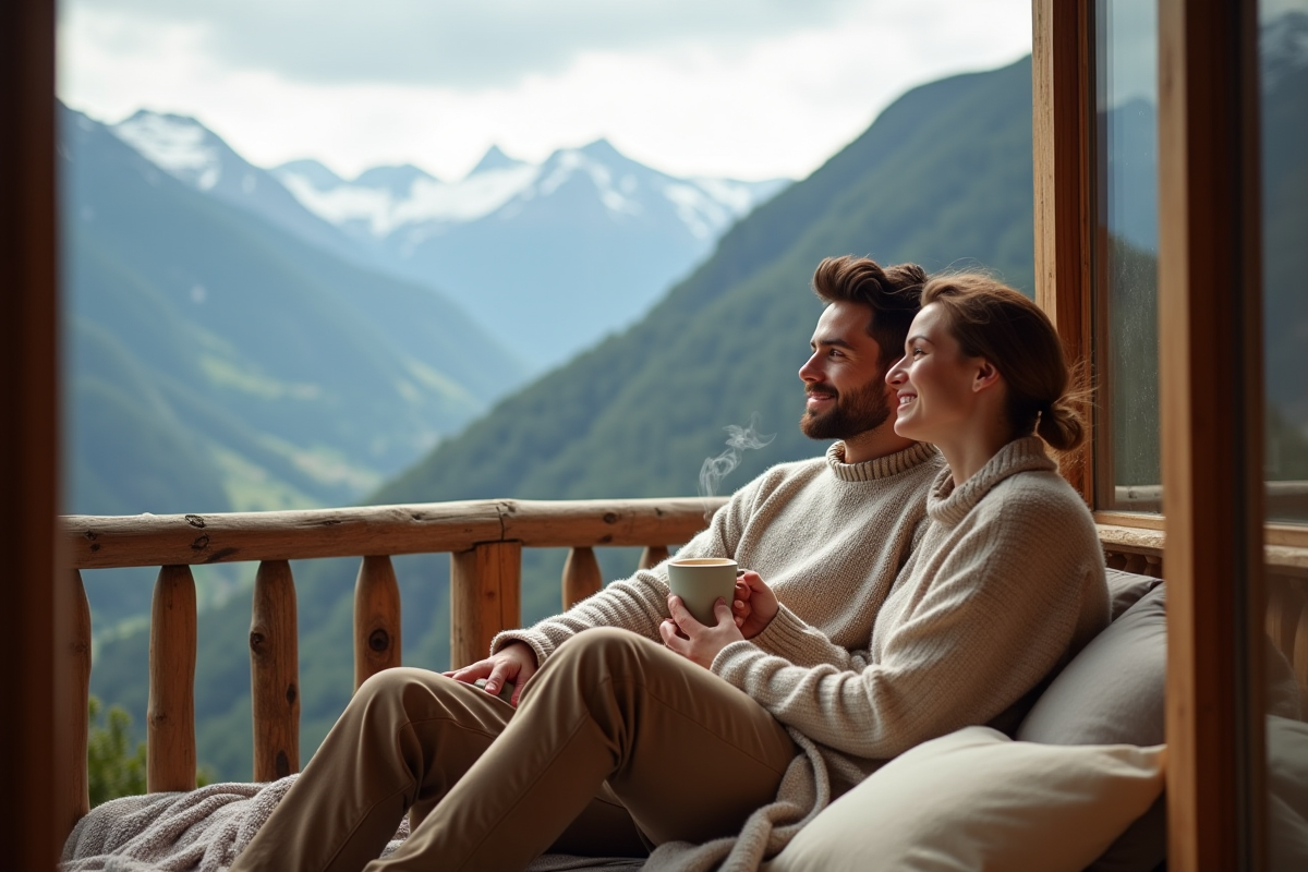 Couple assis sur un balcon en bois avec vue sur la montagne