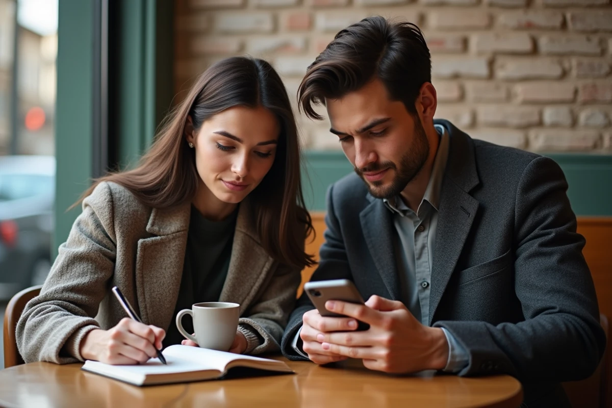 Couple assis au café écrivant et vérifiant leur téléphone