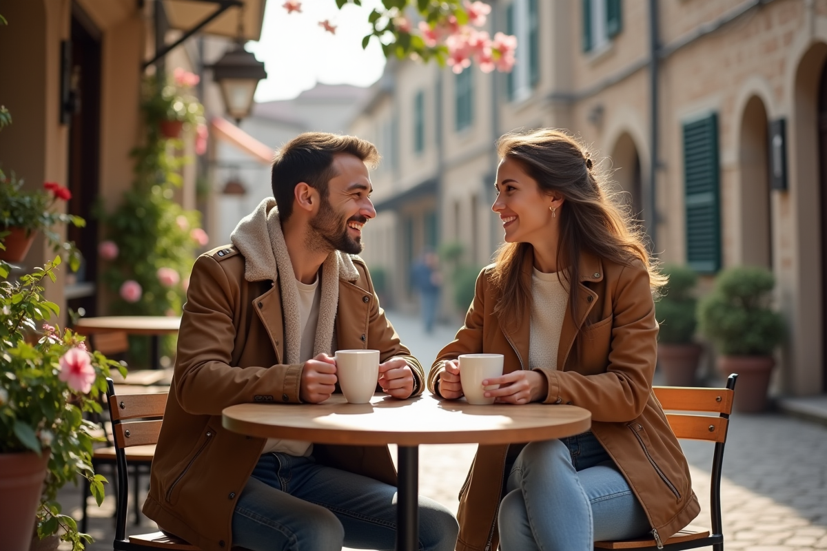 Jeune couple heureux dans un café en village européen