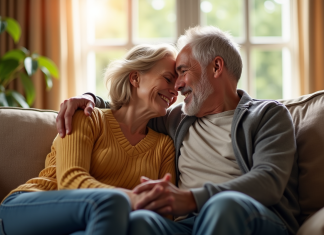 Comment entretenir la flamme après 23 ans de mariage ? Couple d'âge moyen assis sur un canapé lumineux