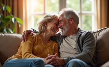 Couple d'âge moyen assis sur un canapé lumineux