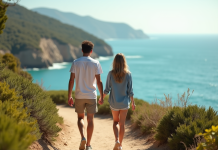 Durée moyenne lune de miel : combien de temps partir ? Jeune couple en vacances marchant main dans la main sur un sentier côtier