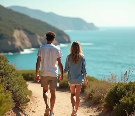 Jeune couple en vacances marchant main dans la main sur un sentier côtier