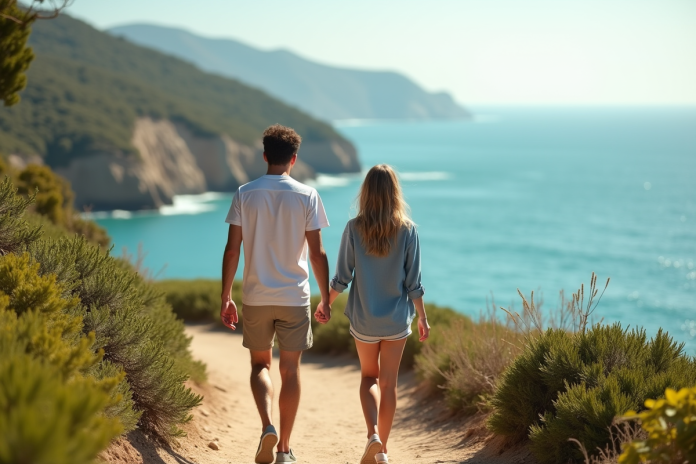 couple-cote-mer-vacances Jeune couple en vacances marchant main dans la main sur un sentier côtier