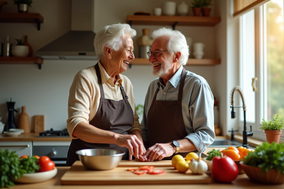 Vieux couple cuisinant ensemble dans une cuisine chaleureuse