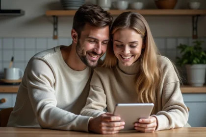 Jeune couple souriant regardant une tablette dans la cuisine