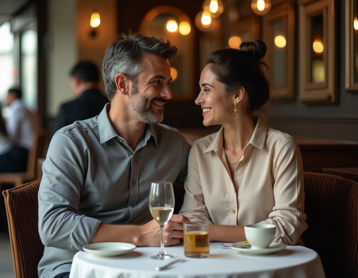 Couple discret partageant un moment intime dans un bistro parisien authentique, évoquant une relation amoureuse discrète dans la vie privée d'un homme public