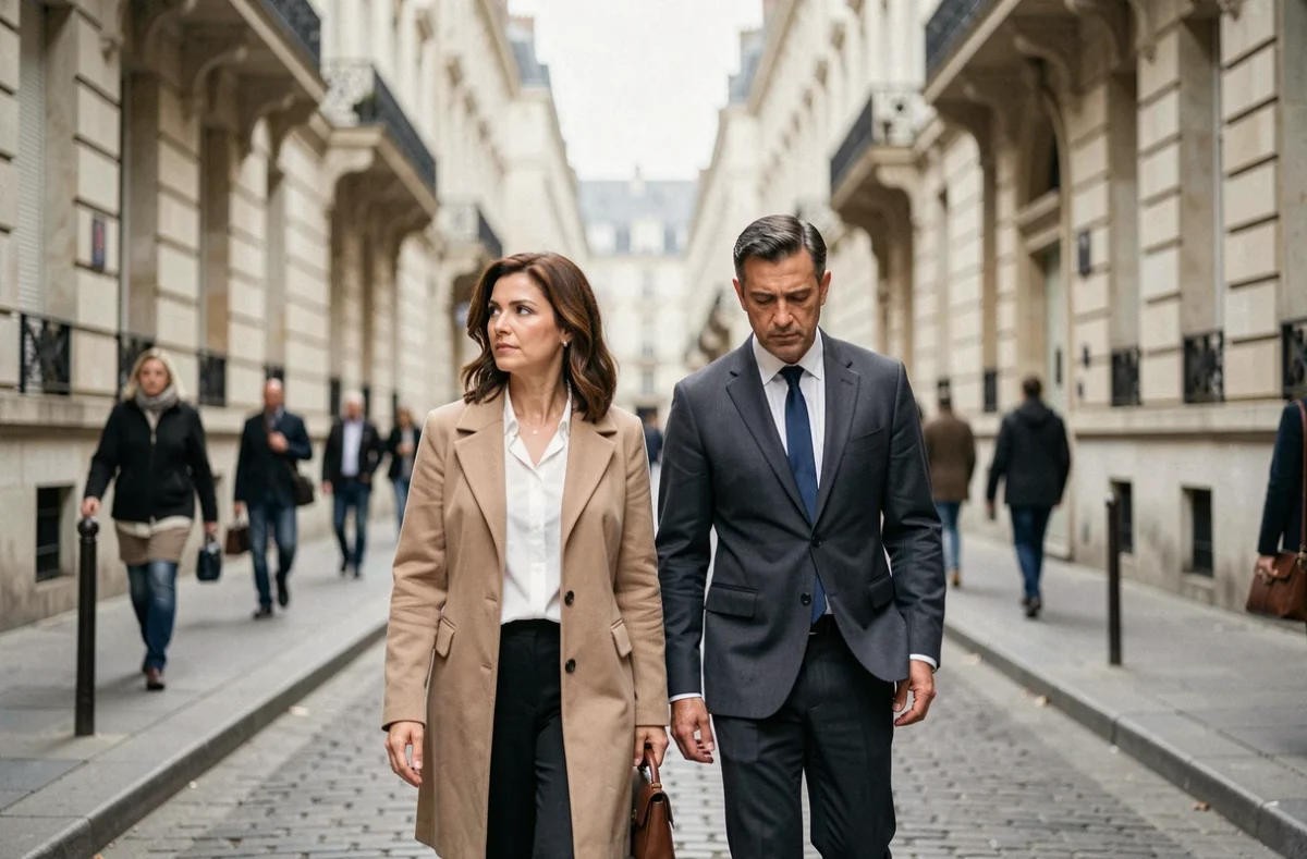 Couple élégant marchant discrètement dans une rue parisienne, illustrant la tension entre vie privée et curiosité du public