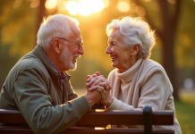 Couple âgé riant sur un banc de parc lors du coucher de soleil