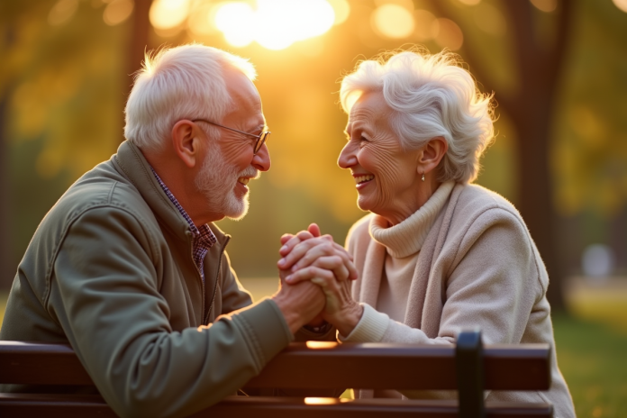 Couple âgé riant sur un banc de parc lors du coucher de soleil