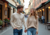 Jeune couple souriant en balade dans une rue pavée européenne