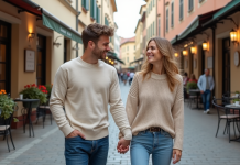 Jeune couple souriant en balade dans une rue pavée européenne