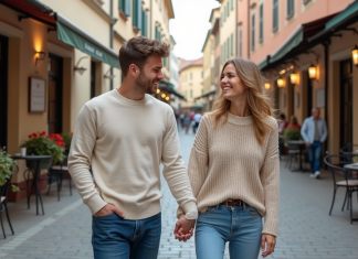 Jeune couple souriant en balade dans une rue pavée européenne