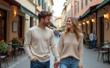 Destinations romantiques après le mariage : idées pour voyager en amoureux Jeune couple souriant en balade dans une rue pavée européenne