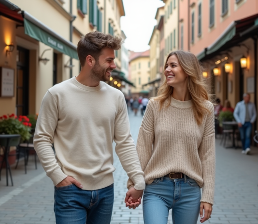 Jeune couple souriant en balade dans une rue pavée européenne