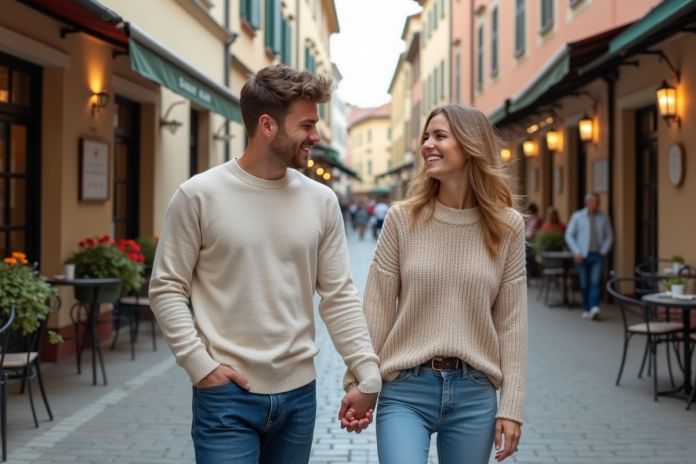 Jeune couple souriant en balade dans une rue pavée européenne