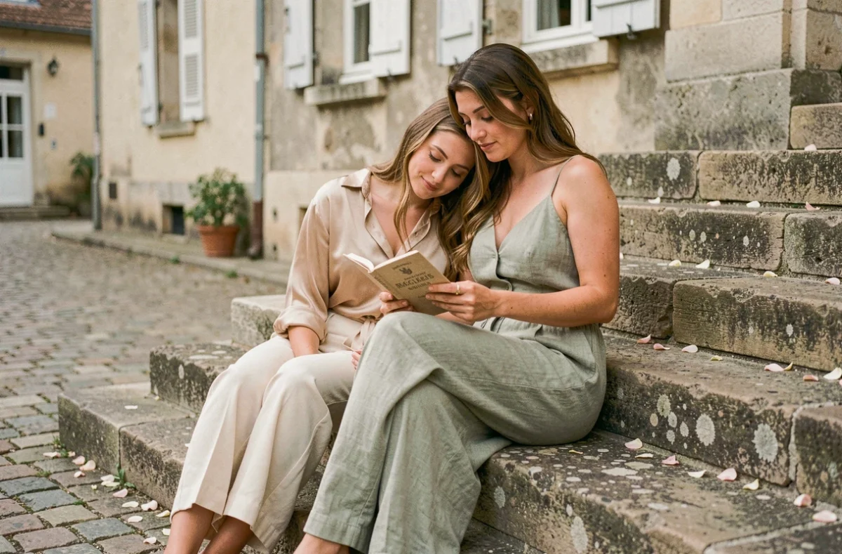 Deux femmes mariées partageant un moment intime après leur cérémonie laïque devant une mairie de village en France