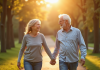 Couple mature se tenant la main dans un parc ensoleille