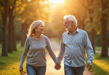 Couple mature se tenant la main dans un parc ensoleille
