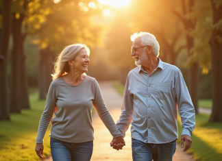 Couple mature se tenant la main dans un parc ensoleille