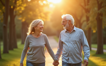 Couple mature se tenant la main dans un parc ensoleille