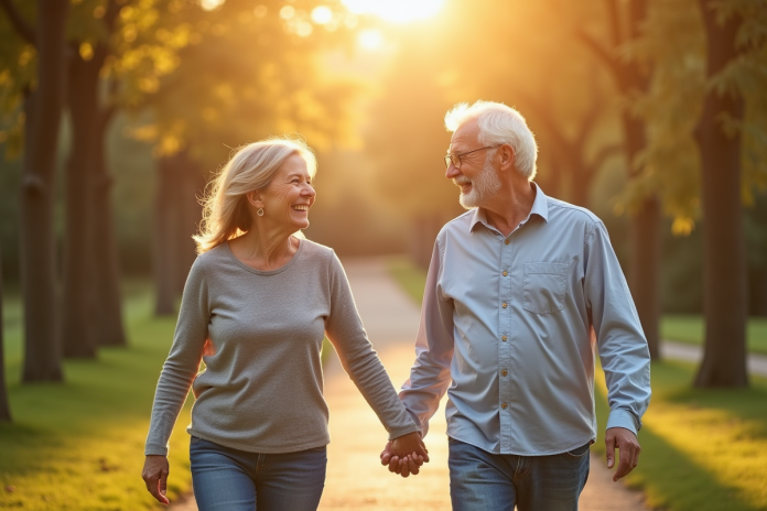 Couple mature se tenant la main dans un parc ensoleille