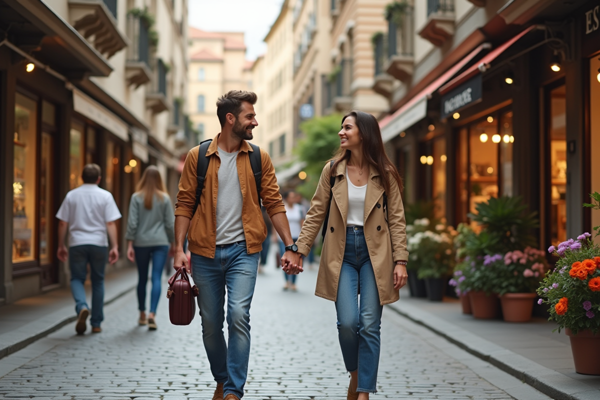 Jeune couple main dans la main dans rue pavée animée