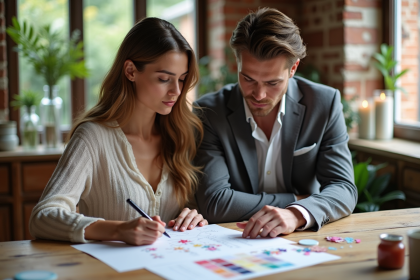Jeune couple planifiant un budget décoration mariage