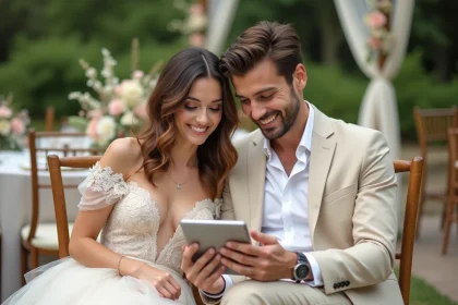 Couple marié en extérieur avec robe ivoire et costume beige