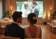 Couple souriant lors de leur mariage dans une salle raffinée