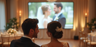 Couple souriant lors de leur mariage dans une salle raffinée