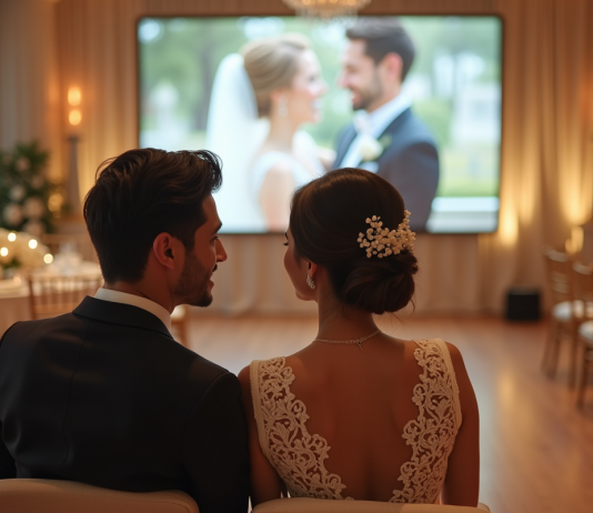 Couple souriant lors de leur mariage dans une salle raffinée