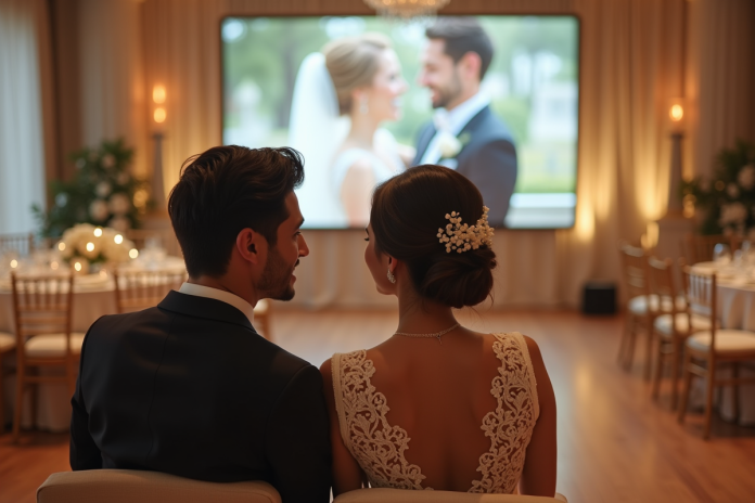 couple-mariage-elegant-sourire Couple souriant lors de leur mariage dans une salle raffinée