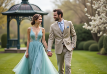 Jeune couple marié dans un jardin printanier en extérieur