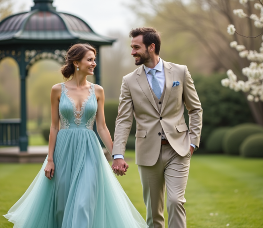 Jeune couple marié dans un jardin printanier en extérieur