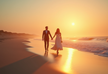 Jeune couple marié marchant sur la plage au coucher de soleil