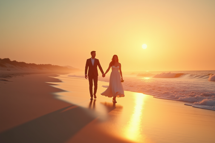 Jeune couple marié marchant sur la plage au coucher de soleil