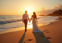 Jeune couple de mariés sur la plage au coucher de soleil