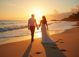 Quand planifier sa lune de miel pour en profiter au mieux Jeune couple de mariés sur la plage au coucher de soleil