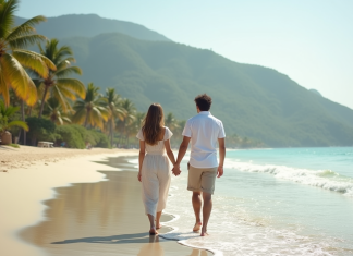 Voyage de noces : quand partir pour lune de miel parfait ? Jeune couple marié marche sur une plage tropicale ensoleillée