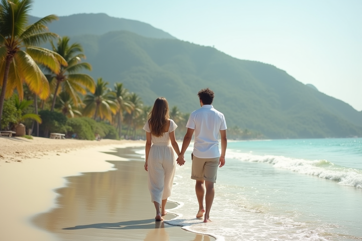 Jeune couple marié marche sur une plage tropicale ensoleillée