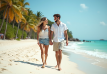 Couple de jeunes mariés souriants sur une plage tropicale