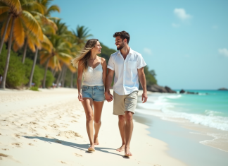 Couple de jeunes mariés souriants sur une plage tropicale
