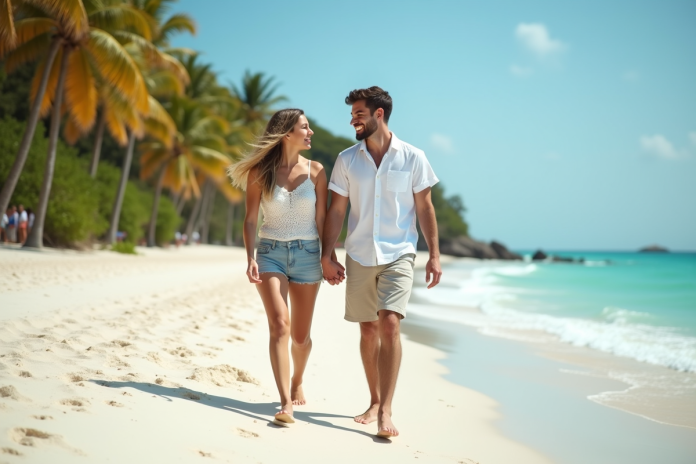 Couple de jeunes mariés souriants sur une plage tropicale