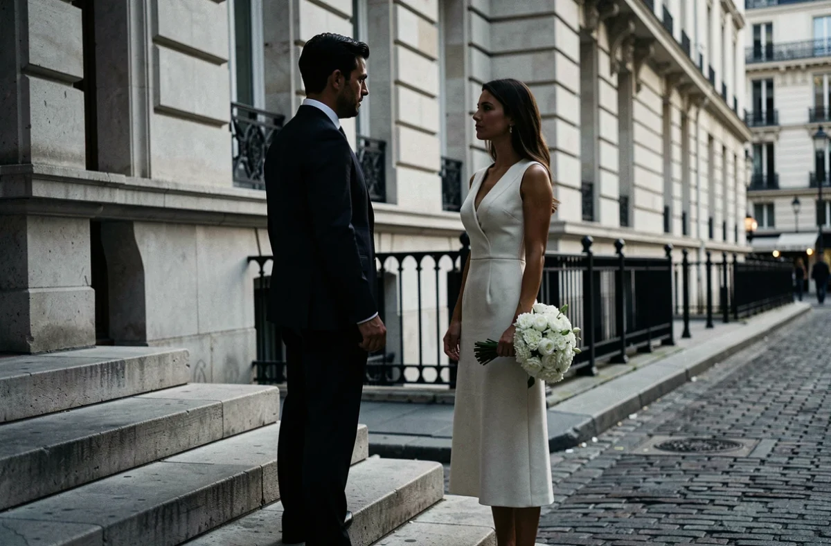 Couple en tenue formelle de mariage debout sur des marches en pierre devant un immeuble haussmannien parisien, atmosphère de tension sous-jacente