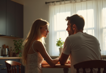 Couple marié assis à la cuisine regardant ailleurs