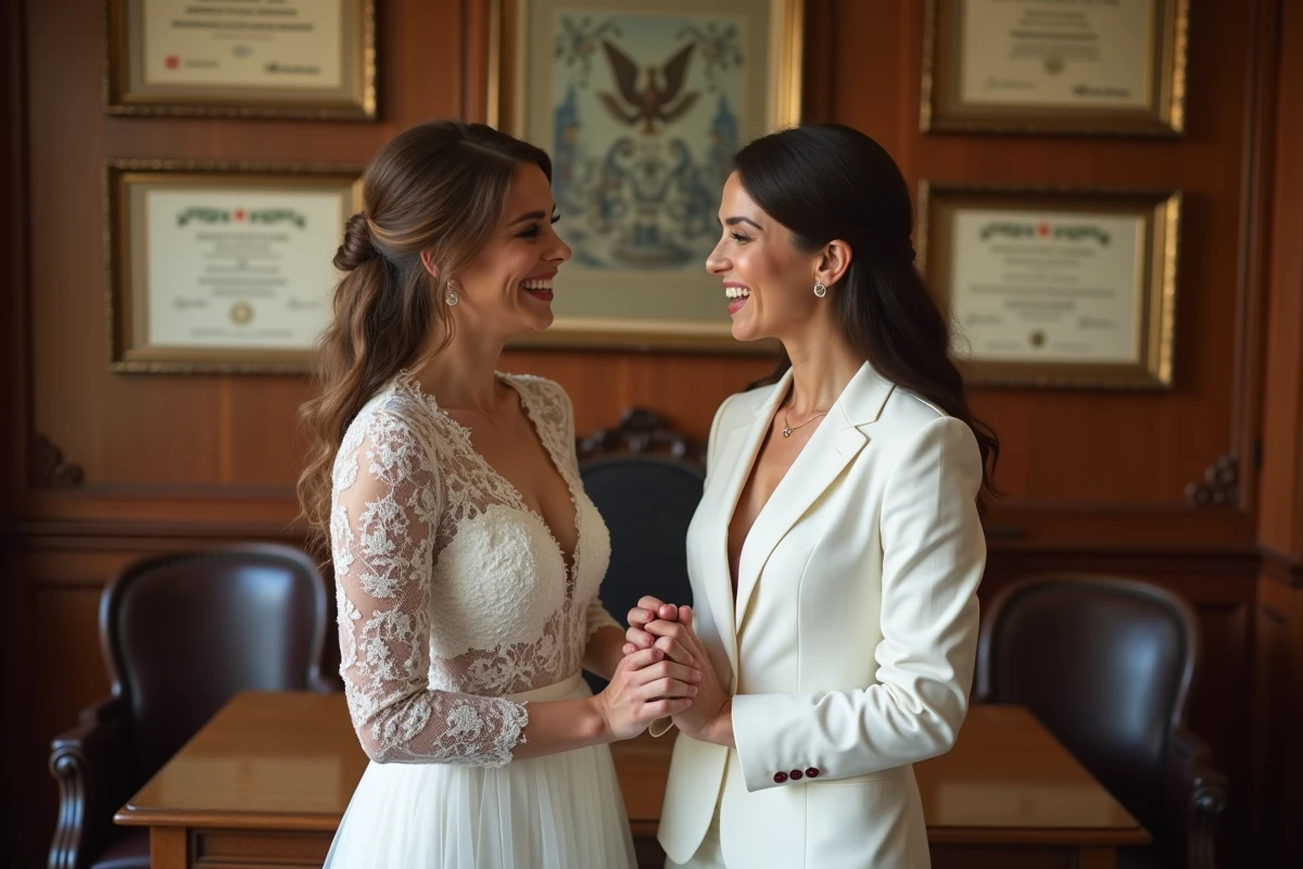 Deux mariées en tenue hivernale pour un mariage civil, l'une en robe de mariée manches longues en dentelle blanche