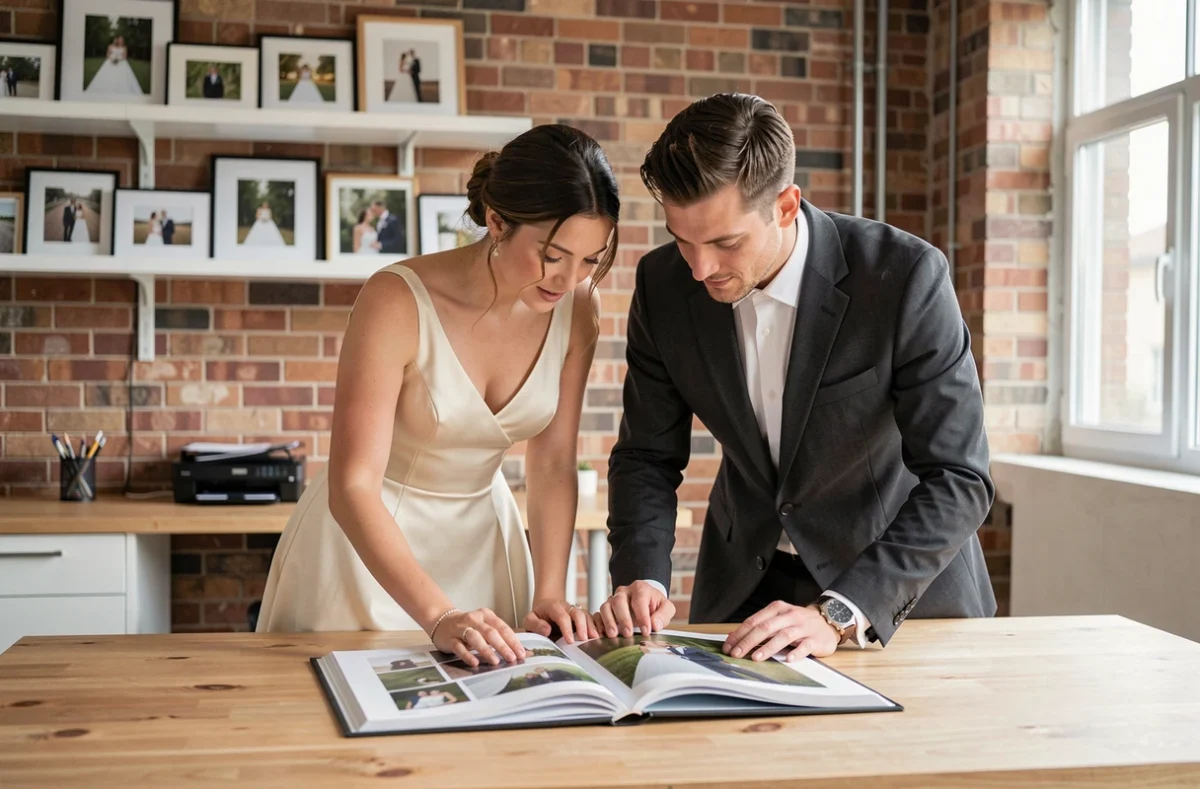 Couple de mariés consultant un portfolio de photographie de mariage dans un studio professionnel moderne