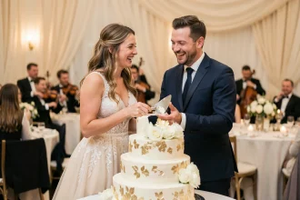 Couple de mariés souriant en train de couper leur gâteau de mariage à plusieurs étages lors de la réception